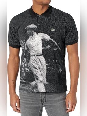 Lacoste Black & White Graphic Polo with Vintage Tennis Motif